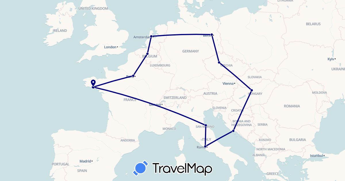 TravelMap itinerary: driving in Belgium, Czech Republic, Germany, France, Croatia, Hungary, Italy, Netherlands (Europe)